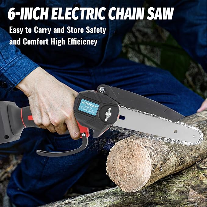Mini chainsaw cutting demonstration on wood log